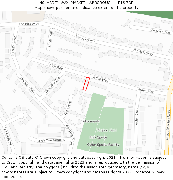 49, ARDEN WAY, MARKET HARBOROUGH, LE16 7DB: Location map and indicative extent of plot