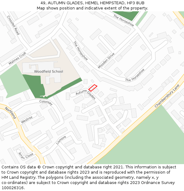 49, AUTUMN GLADES, HEMEL HEMPSTEAD, HP3 8UB: Location map and indicative extent of plot