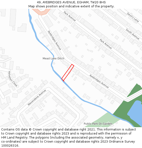 49, AYEBRIDGES AVENUE, EGHAM, TW20 8HS: Location map and indicative extent of plot