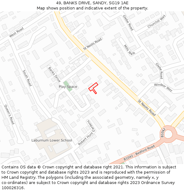 49, BANKS DRIVE, SANDY, SG19 1AE: Location map and indicative extent of plot