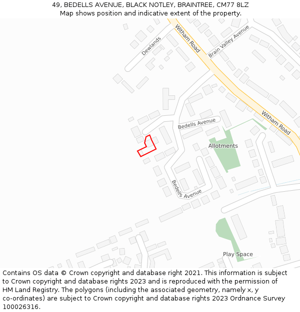 49, BEDELLS AVENUE, BLACK NOTLEY, BRAINTREE, CM77 8LZ: Location map and indicative extent of plot