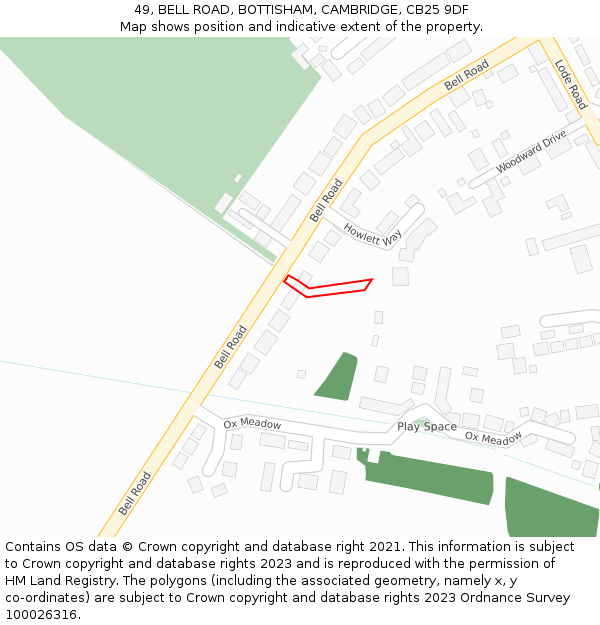 49, BELL ROAD, BOTTISHAM, CAMBRIDGE, CB25 9DF: Location map and indicative extent of plot