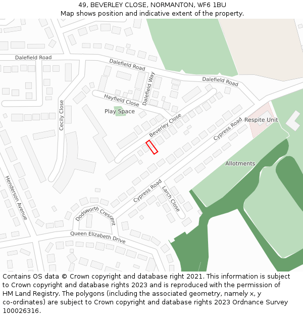 49, BEVERLEY CLOSE, NORMANTON, WF6 1BU: Location map and indicative extent of plot