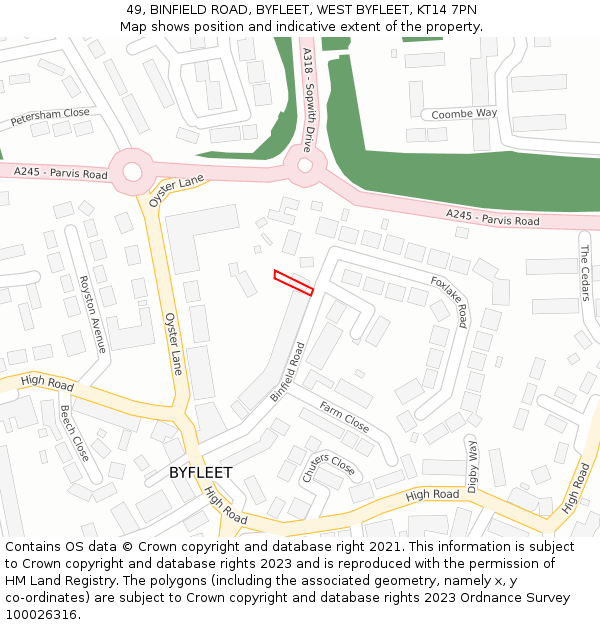 49, BINFIELD ROAD, BYFLEET, WEST BYFLEET, KT14 7PN: Location map and indicative extent of plot