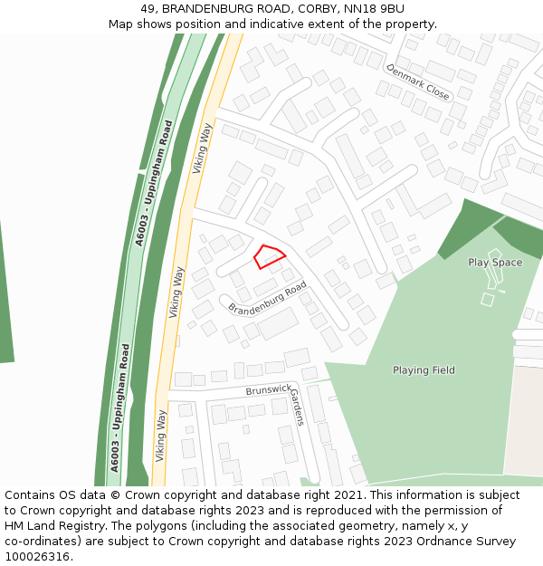 49, BRANDENBURG ROAD, CORBY, NN18 9BU: Location map and indicative extent of plot