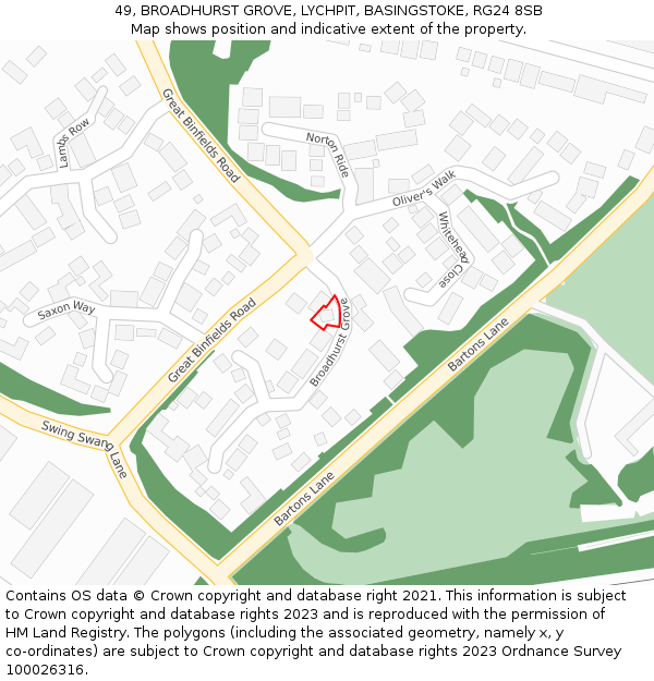 49, BROADHURST GROVE, LYCHPIT, BASINGSTOKE, RG24 8SB: Location map and indicative extent of plot