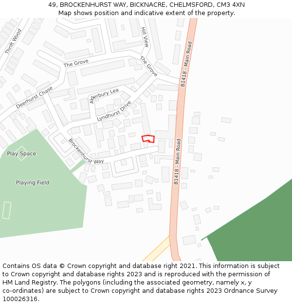 49, BROCKENHURST WAY, BICKNACRE, CHELMSFORD, CM3 4XN: Location map and indicative extent of plot