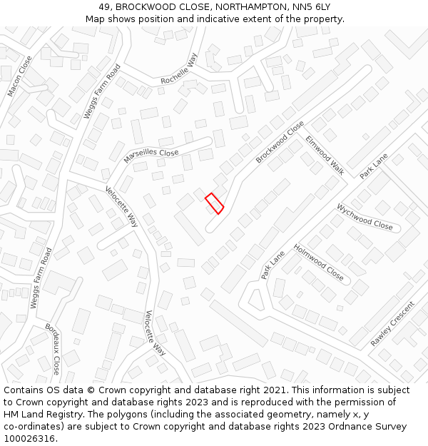 49, BROCKWOOD CLOSE, NORTHAMPTON, NN5 6LY: Location map and indicative extent of plot