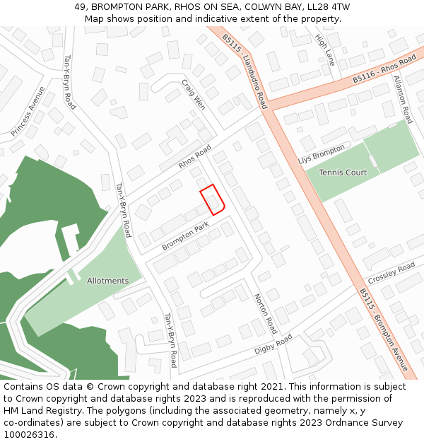 49, BROMPTON PARK, RHOS ON SEA, COLWYN BAY, LL28 4TW: Location map and indicative extent of plot