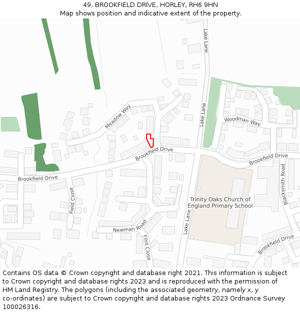 49, BROOKFIELD DRIVE, HORLEY, RH6 9HN: Location map and indicative extent of plot