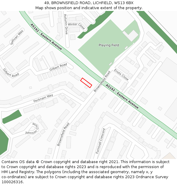 49, BROWNSFIELD ROAD, LICHFIELD, WS13 6BX: Location map and indicative extent of plot