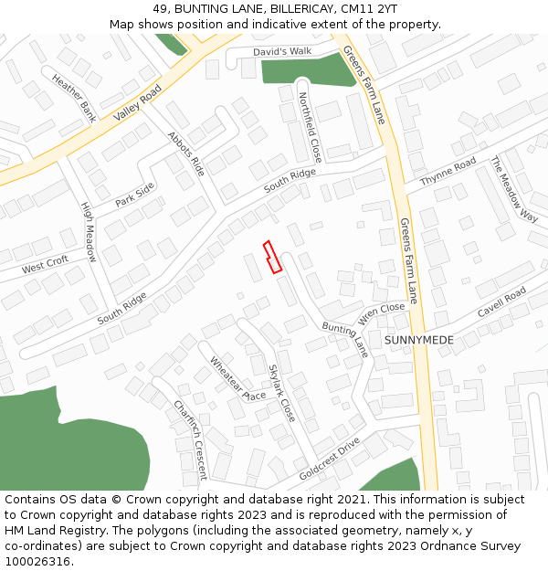 49, BUNTING LANE, BILLERICAY, CM11 2YT: Location map and indicative extent of plot