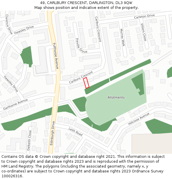 49, CARLBURY CRESCENT, DARLINGTON, DL3 9QW: Location map and indicative extent of plot