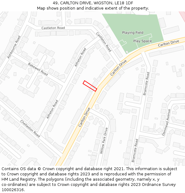 49, CARLTON DRIVE, WIGSTON, LE18 1DF: Location map and indicative extent of plot
