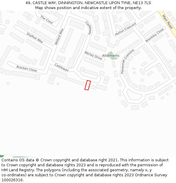49, CASTLE WAY, DINNINGTON, NEWCASTLE UPON TYNE, NE13 7LS: Location map and indicative extent of plot