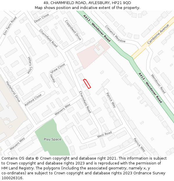 49, CHARMFIELD ROAD, AYLESBURY, HP21 9QD: Location map and indicative extent of plot