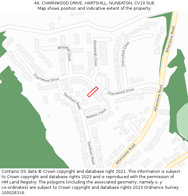 49, CHARNWOOD DRIVE, HARTSHILL, NUNEATON, CV10 0UE: Location map and indicative extent of plot