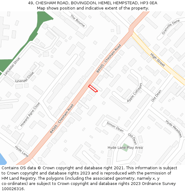 49, CHESHAM ROAD, BOVINGDON, HEMEL HEMPSTEAD, HP3 0EA: Location map and indicative extent of plot