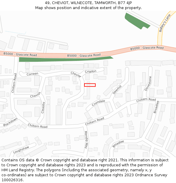 49, CHEVIOT, WILNECOTE, TAMWORTH, B77 4JP: Location map and indicative extent of plot