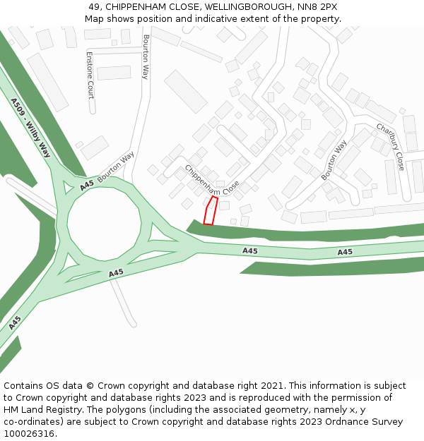 49, CHIPPENHAM CLOSE, WELLINGBOROUGH, NN8 2PX: Location map and indicative extent of plot