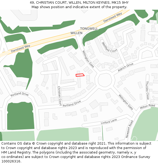 49, CHRISTIAN COURT, WILLEN, MILTON KEYNES, MK15 9HY: Location map and indicative extent of plot