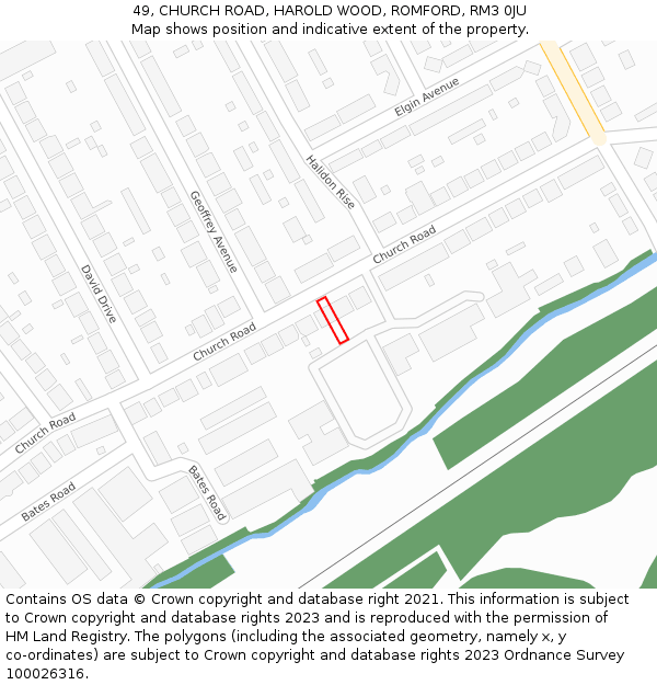 49, CHURCH ROAD, HAROLD WOOD, ROMFORD, RM3 0JU: Location map and indicative extent of plot