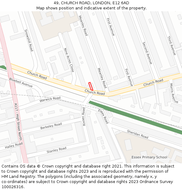 49, CHURCH ROAD, LONDON, E12 6AD: Location map and indicative extent of plot