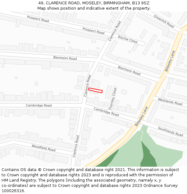 49, CLARENCE ROAD, MOSELEY, BIRMINGHAM, B13 9SZ: Location map and indicative extent of plot