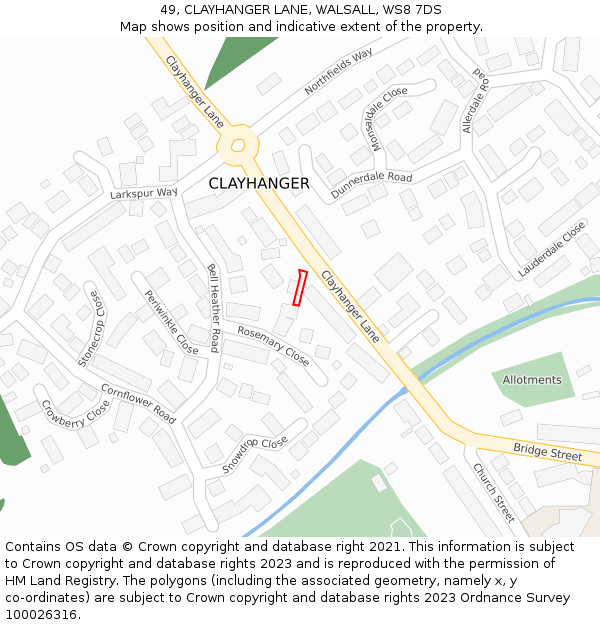 49, CLAYHANGER LANE, WALSALL, WS8 7DS: Location map and indicative extent of plot