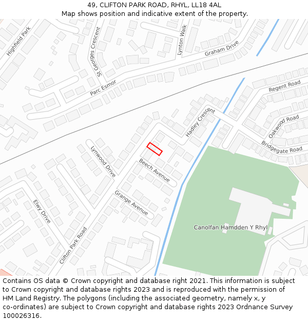 49, CLIFTON PARK ROAD, RHYL, LL18 4AL: Location map and indicative extent of plot