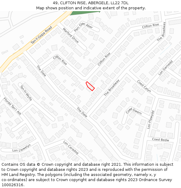 49, CLIFTON RISE, ABERGELE, LL22 7DL: Location map and indicative extent of plot