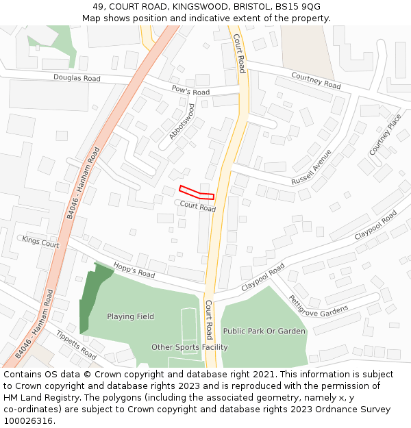 49, COURT ROAD, KINGSWOOD, BRISTOL, BS15 9QG: Location map and indicative extent of plot