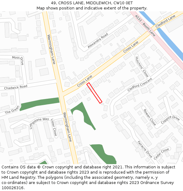 49, CROSS LANE, MIDDLEWICH, CW10 0ET: Location map and indicative extent of plot
