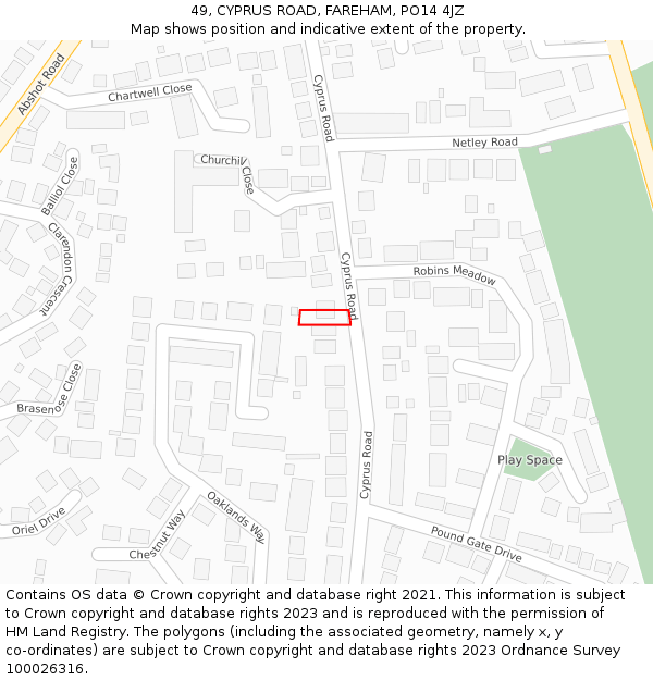 49, CYPRUS ROAD, FAREHAM, PO14 4JZ: Location map and indicative extent of plot