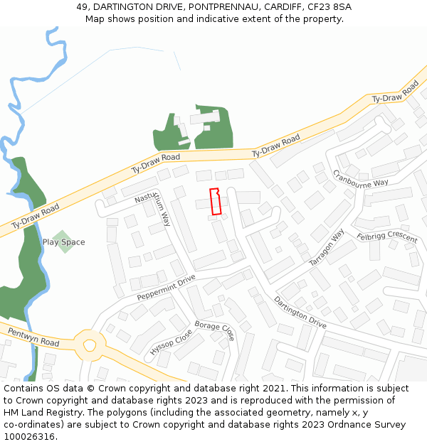 49, DARTINGTON DRIVE, PONTPRENNAU, CARDIFF, CF23 8SA: Location map and indicative extent of plot