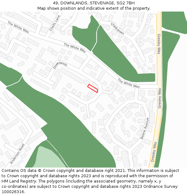 49, DOWNLANDS, STEVENAGE, SG2 7BH: Location map and indicative extent of plot