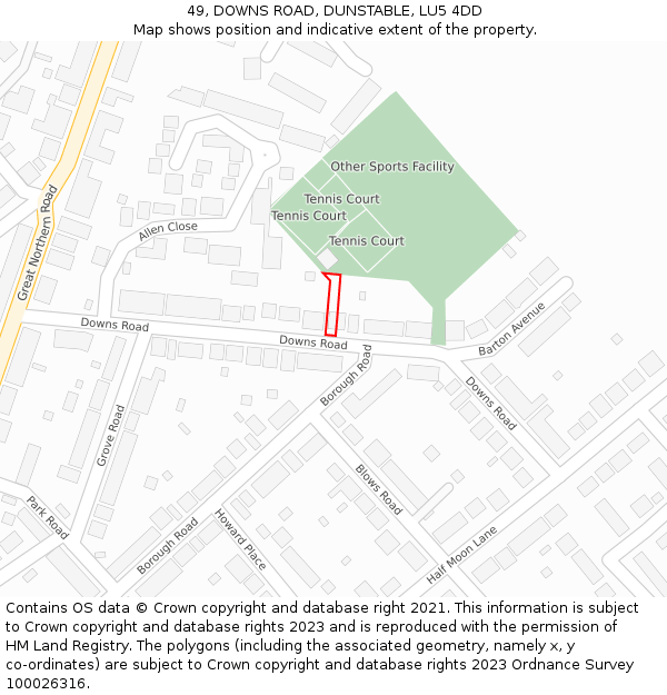 49, DOWNS ROAD, DUNSTABLE, LU5 4DD: Location map and indicative extent of plot