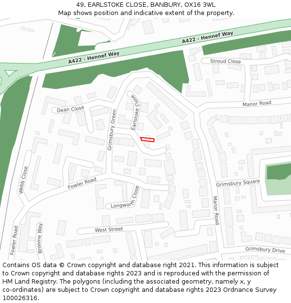 49, EARLSTOKE CLOSE, BANBURY, OX16 3WL: Location map and indicative extent of plot