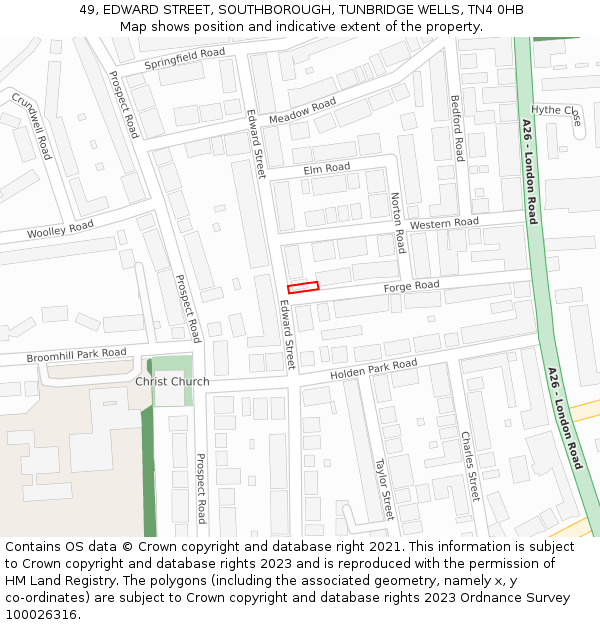 49, EDWARD STREET, SOUTHBOROUGH, TUNBRIDGE WELLS, TN4 0HB: Location map and indicative extent of plot