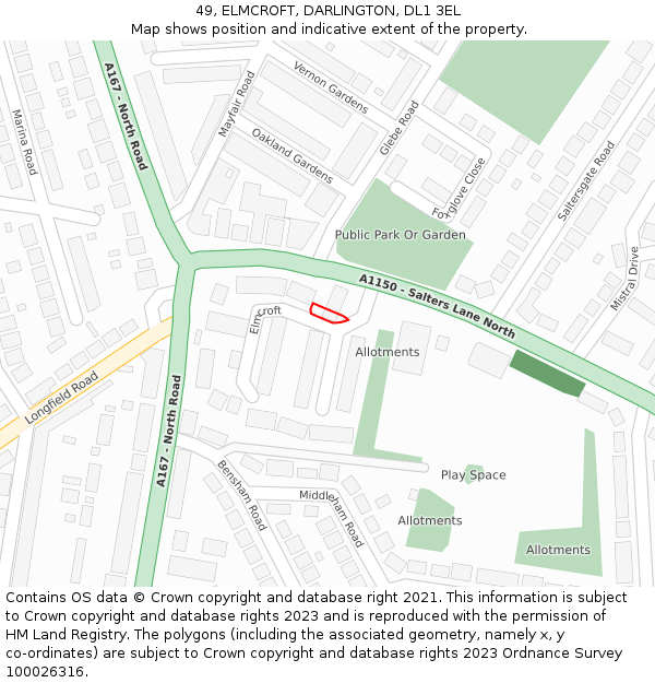 49, ELMCROFT, DARLINGTON, DL1 3EL: Location map and indicative extent of plot