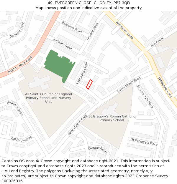 49, EVERGREEN CLOSE, CHORLEY, PR7 3QB: Location map and indicative extent of plot