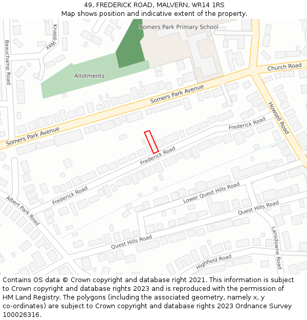 49, FREDERICK ROAD, MALVERN, WR14 1RS: Location map and indicative extent of plot