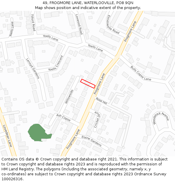 49, FROGMORE LANE, WATERLOOVILLE, PO8 9QN: Location map and indicative extent of plot