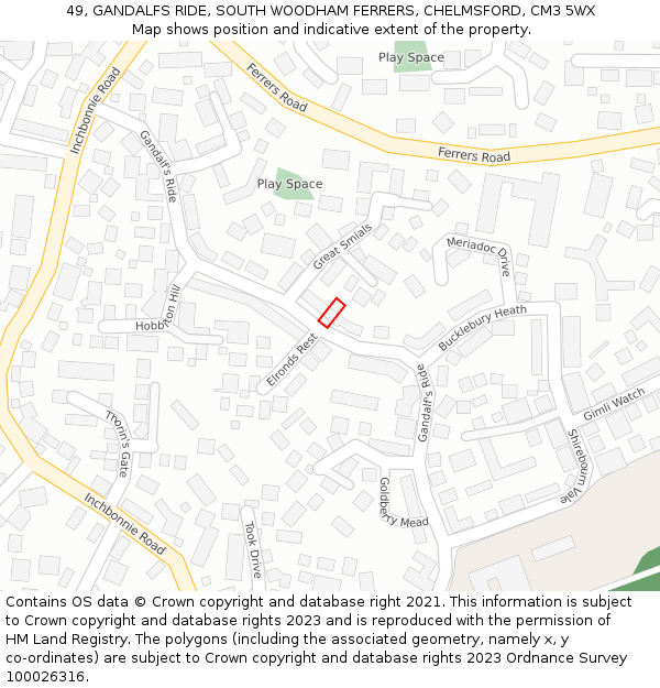 49, GANDALFS RIDE, SOUTH WOODHAM FERRERS, CHELMSFORD, CM3 5WX: Location map and indicative extent of plot