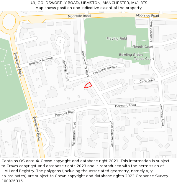 49, GOLDSWORTHY ROAD, URMSTON, MANCHESTER, M41 8TS: Location map and indicative extent of plot