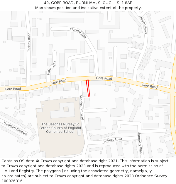 49, GORE ROAD, BURNHAM, SLOUGH, SL1 8AB: Location map and indicative extent of plot