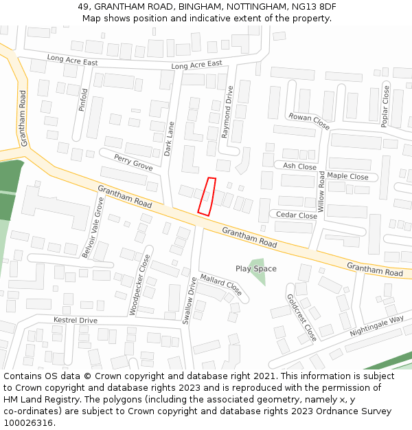 49, GRANTHAM ROAD, BINGHAM, NOTTINGHAM, NG13 8DF: Location map and indicative extent of plot