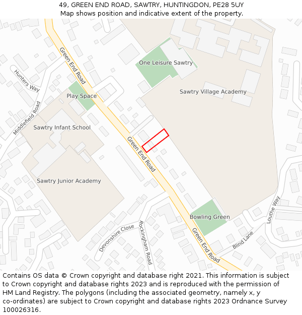 49, GREEN END ROAD, SAWTRY, HUNTINGDON, PE28 5UY: Location map and indicative extent of plot