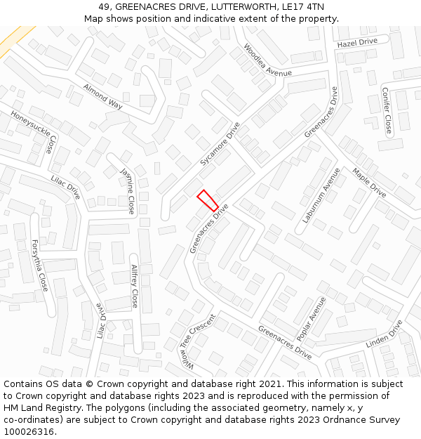 49, GREENACRES DRIVE, LUTTERWORTH, LE17 4TN: Location map and indicative extent of plot