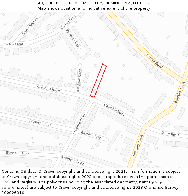 49, GREENHILL ROAD, MOSELEY, BIRMINGHAM, B13 9SU: Location map and indicative extent of plot